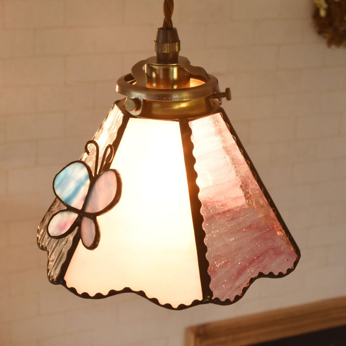ステンドグラスのペンダント 1灯 ガラス 青い蝶々 かわいい【Papillon