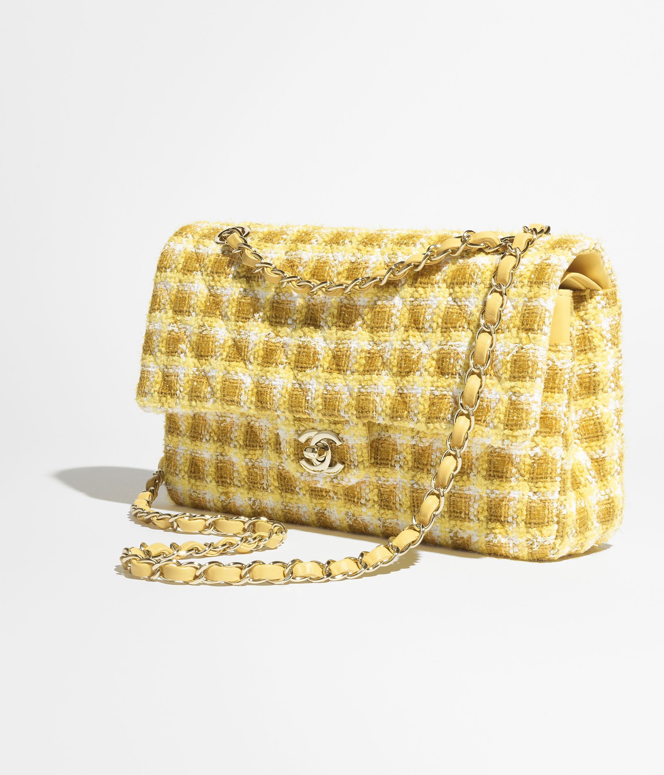 Classic 11.12 handbag, Cotton tweed & gold-tone metal, yellow