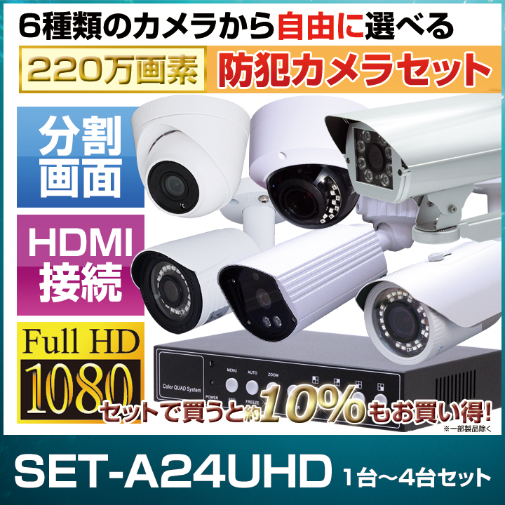 防犯カメラ1～4台セット【セット-A24UHD】4K接続可 四分割機（録画機能
