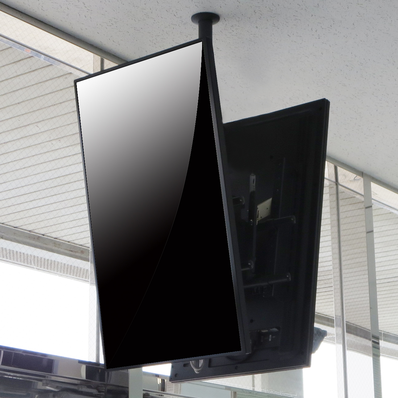 天井からモニターを2面吊り下げる薄型ディスプレイハンガー2機種