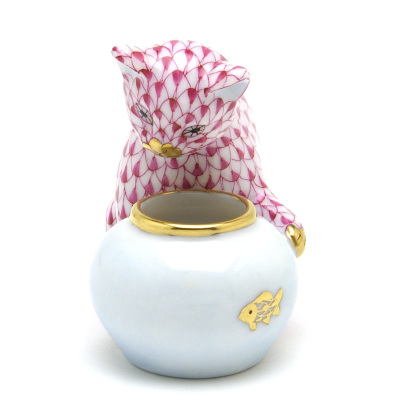 ヘレンド(Herend) ねこ 置物 猫と金魚鉢 ピンクの鱗模様(VHP-15710