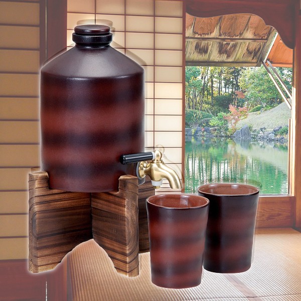 陶器製熟成焼酎サーバー「800ml」 (陶器カップ2個付き,木製サーバー台