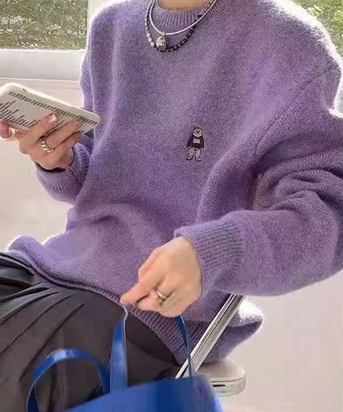 2ly2 ニット セーター クマ刺繍ラウンドネックソフトもちもちセーター