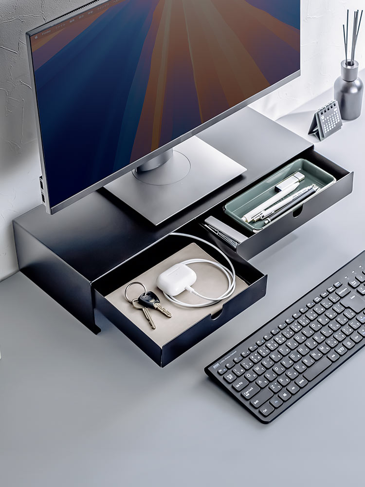 モニター台 卓上ラック 幅50cm スチール｜机上の整理に便利な引き出し