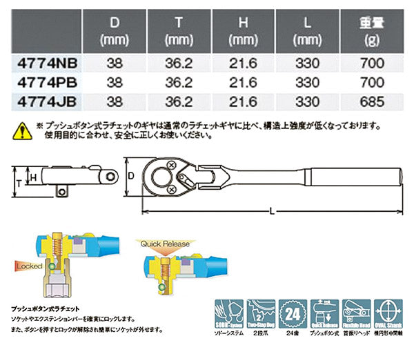 コーケン 12.7sq. プッシュボタン式 首振りラチェットハンドル 4774NB