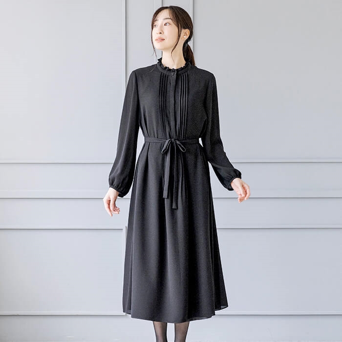 洗える｜フェミニンなピンタックワンピース L・ブラック｜東京