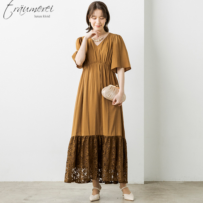 WEB限定｜裾レース切替ギャザードレス 9号・ブラウン｜東京ソワール