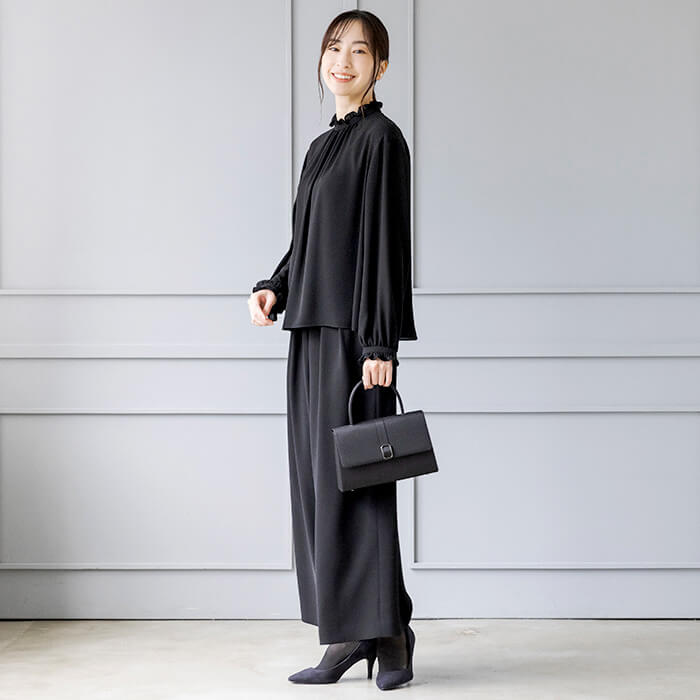 洗える｜ゴム入りワイドフレアパンツ L・ブラック｜東京ソワール