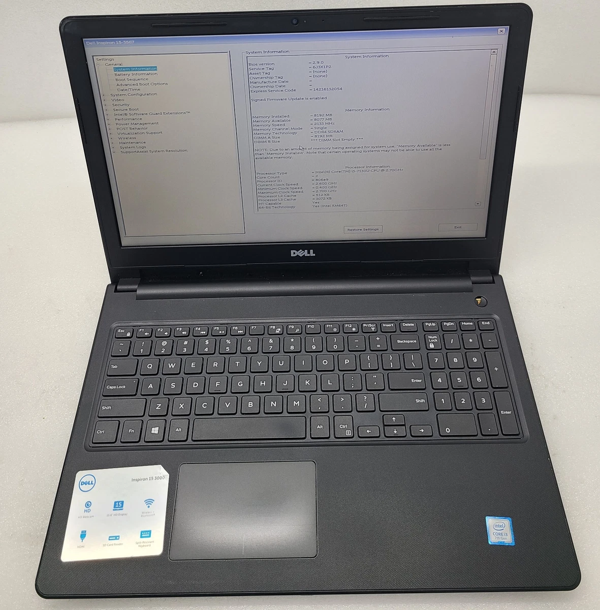 Dell Inspiron 15 3567 8 GB RAM PC 2.50-2.99 GHz Processor Speed