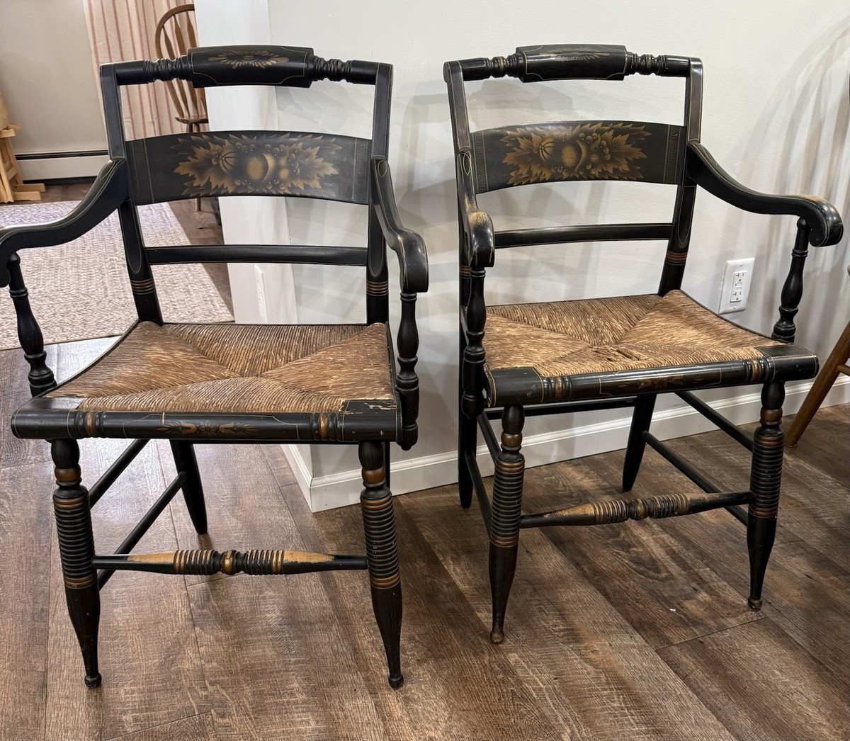 L. Hitchcock SIGNED PAIR MAPLE BLACK STENCILED SLATBACK RUSH SEAT