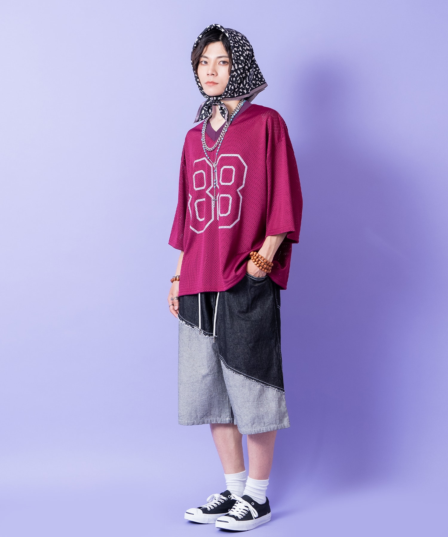 ナンバリングプリントクロップド丈オーバーサイズメッシュゲームシャツ