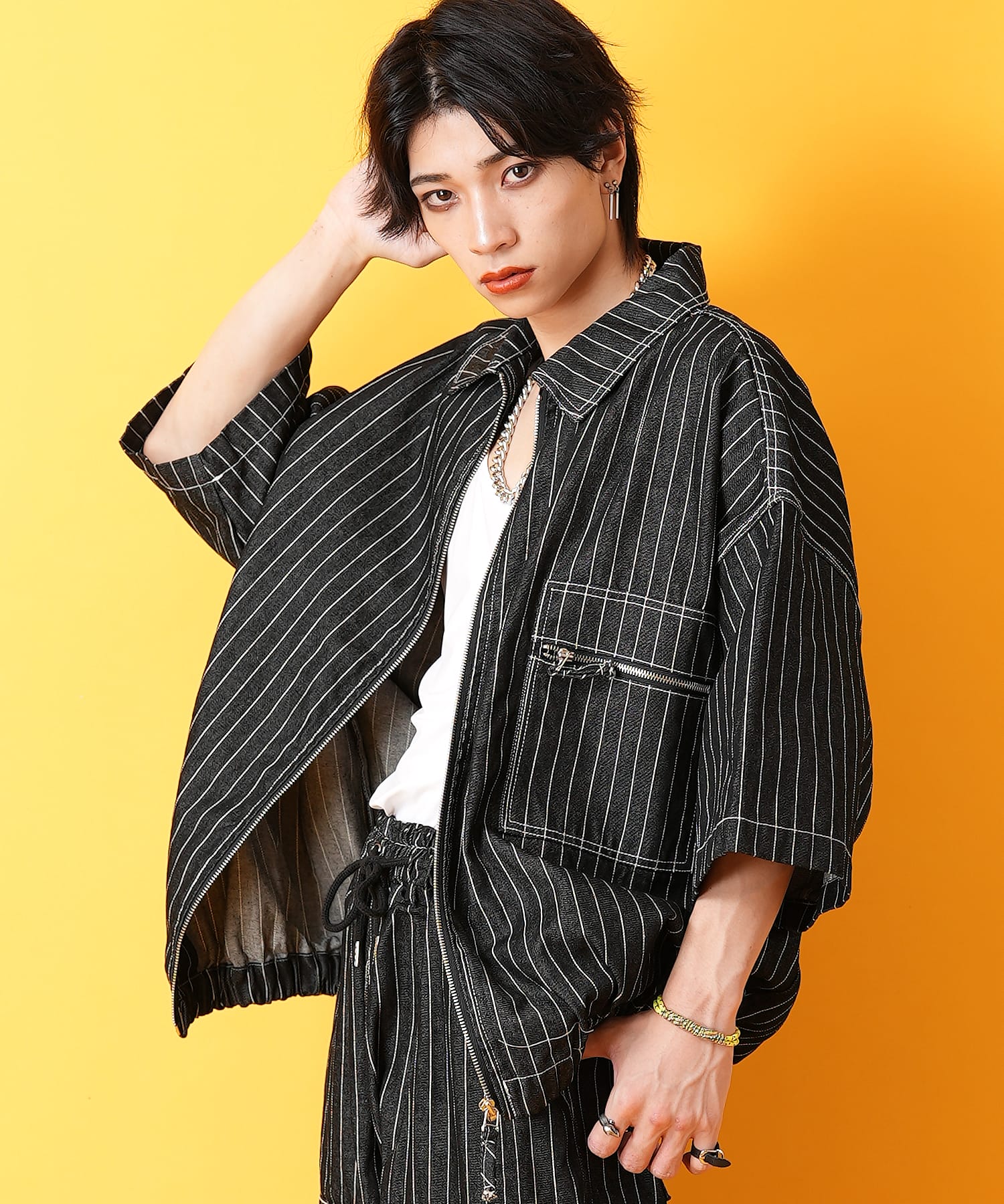 ピンストライプ半袖デニムブルゾン / 半袖ジャケット 柄 オーバー