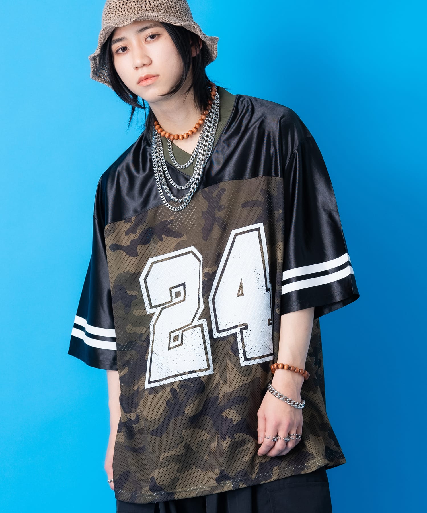 ナンバリング迷彩柄メッシュツートーン切替フットボールシャツ / 半袖