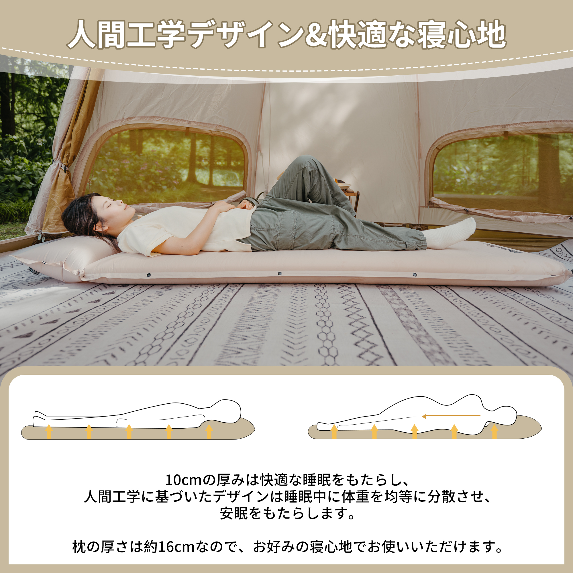 Naturehike D04エアーマット 厚手10cm 自動膨張 キャンプマット 防災