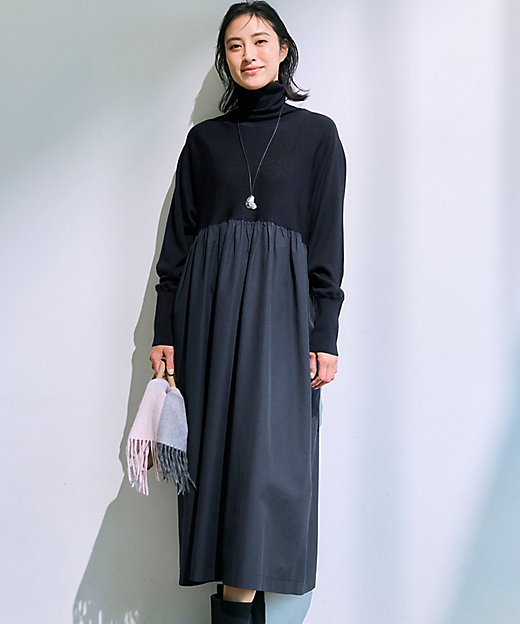 洗える】ギャザーコンビ ニットワンピース（OPWOGW0658