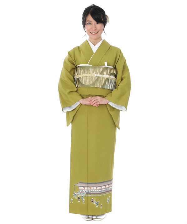 色留袖レンタル｜鶯色に風景文｜I0077｜M｜宅配着物レンタル・一式フル