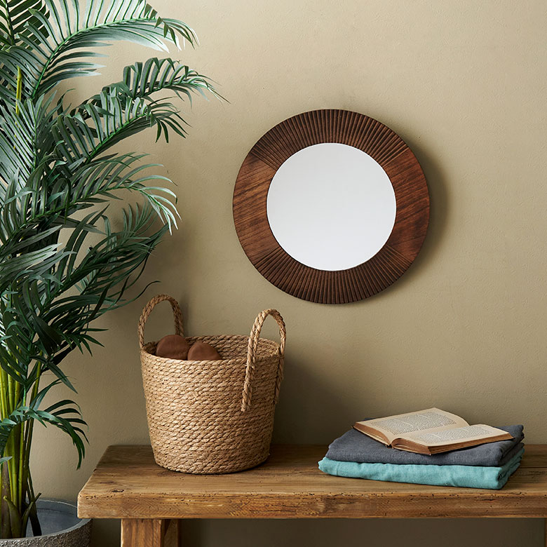 鏡 壁掛けミラー 木製 円形 丸型 約 W42 × D1 × H42 cm 鏡直径 27.5cm