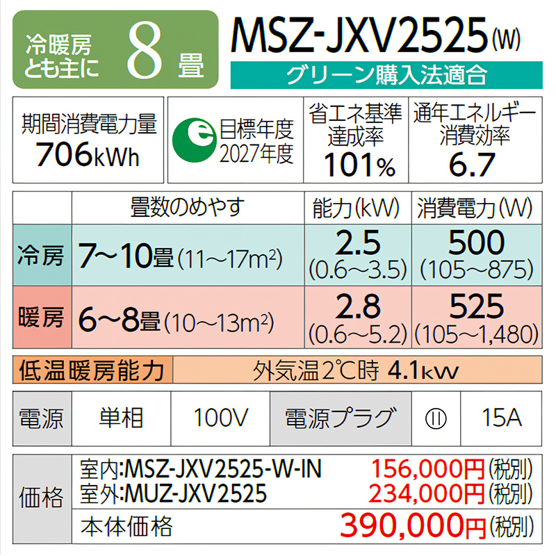 霧ヶ峰 標準取付工事費込 エアコン 主に8畳 三菱電機 2025年モデル JXV