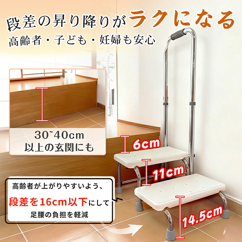 RAKU 踏み台 手すり付き 2段 段差解消 転倒防止 滑り止め 高さ調整可能