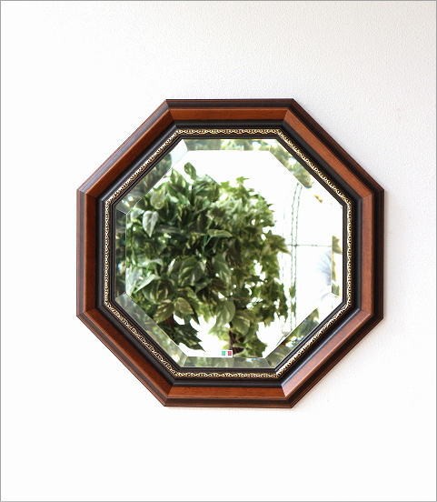 八角鏡 壁掛けミラー ウォールミラー アンティーク クラシック 木製