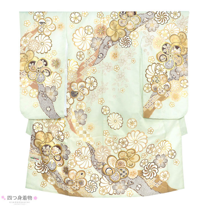 七五三 7歳 四つ身着物フルセット「薄白緑 道長取りにねじ花」女の子 7