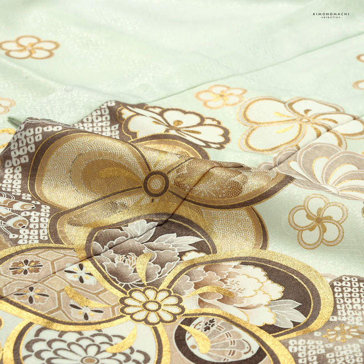 七五三 7歳 四つ身着物フルセット「薄白緑 道長取りにねじ花」女の子 7