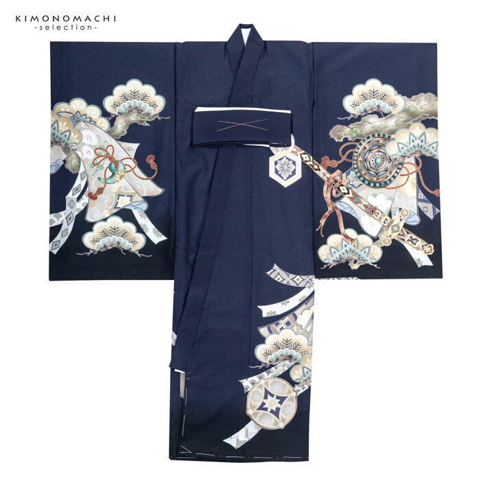 男の子のお宮参り産着 祝い着「紺鼠色 三種の神器に獅子兜」日本製