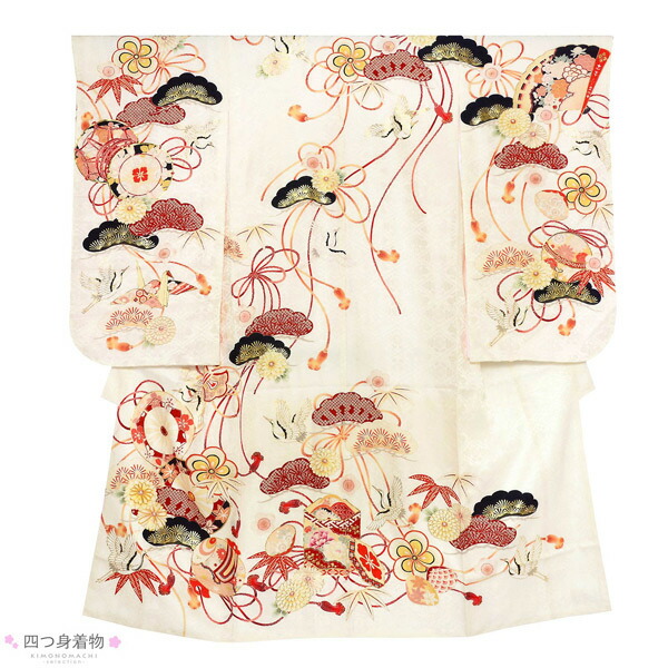 七五三 7歳 四つ身着物フルセット ブランド 紅一点「象牙色 源氏車に鶴