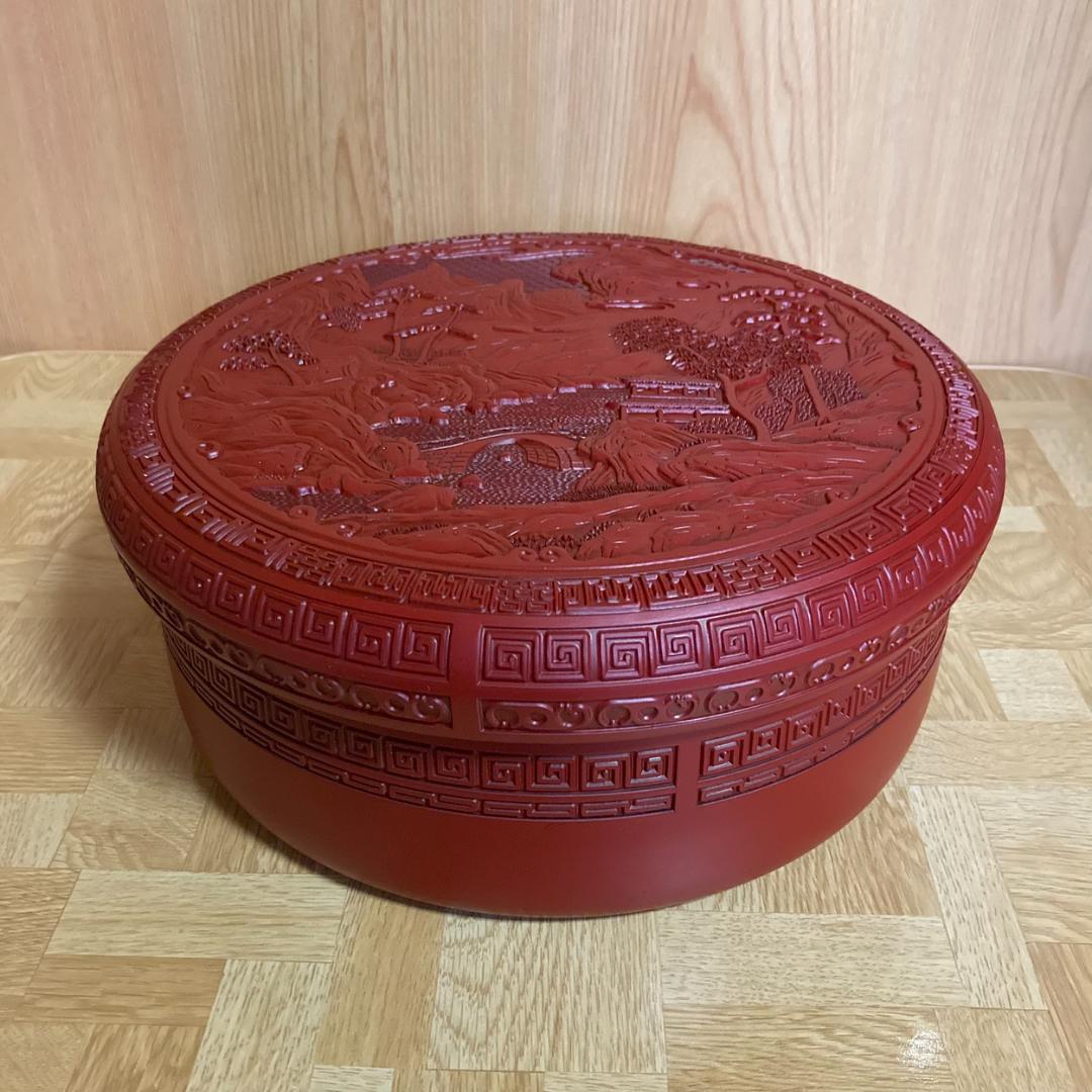 堆朱　朱塗り　漆塗り　漆器　丸型　茶櫃　茶器入れ 茶びつ 茶櫃 日本製 紀州塗り 紀州漆器 32cm 10.5寸 ゴトウ ななこ