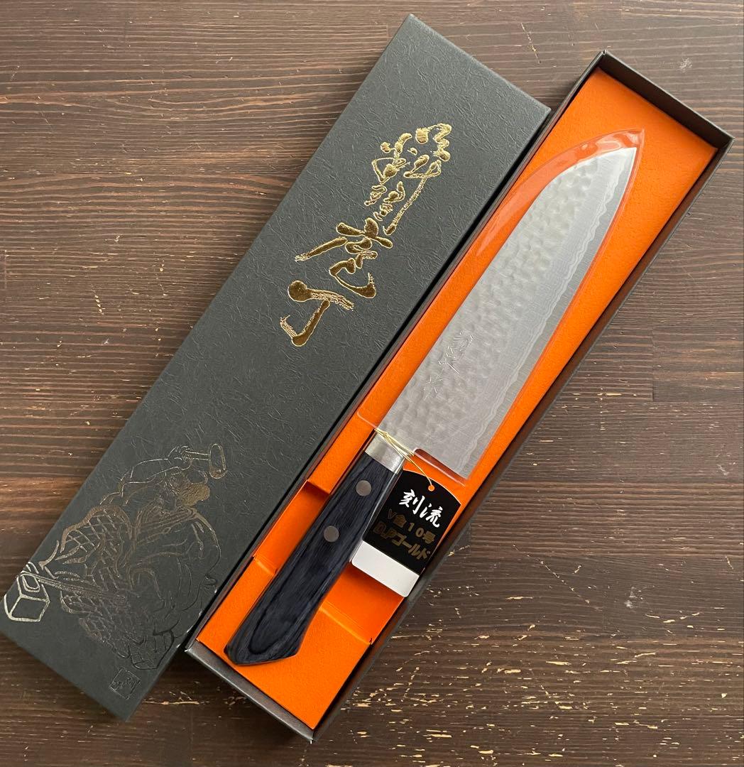 増谷刃物 訓平作 三徳包丁 VG10ステンレス 積層槌目（刻流）口金有 紺