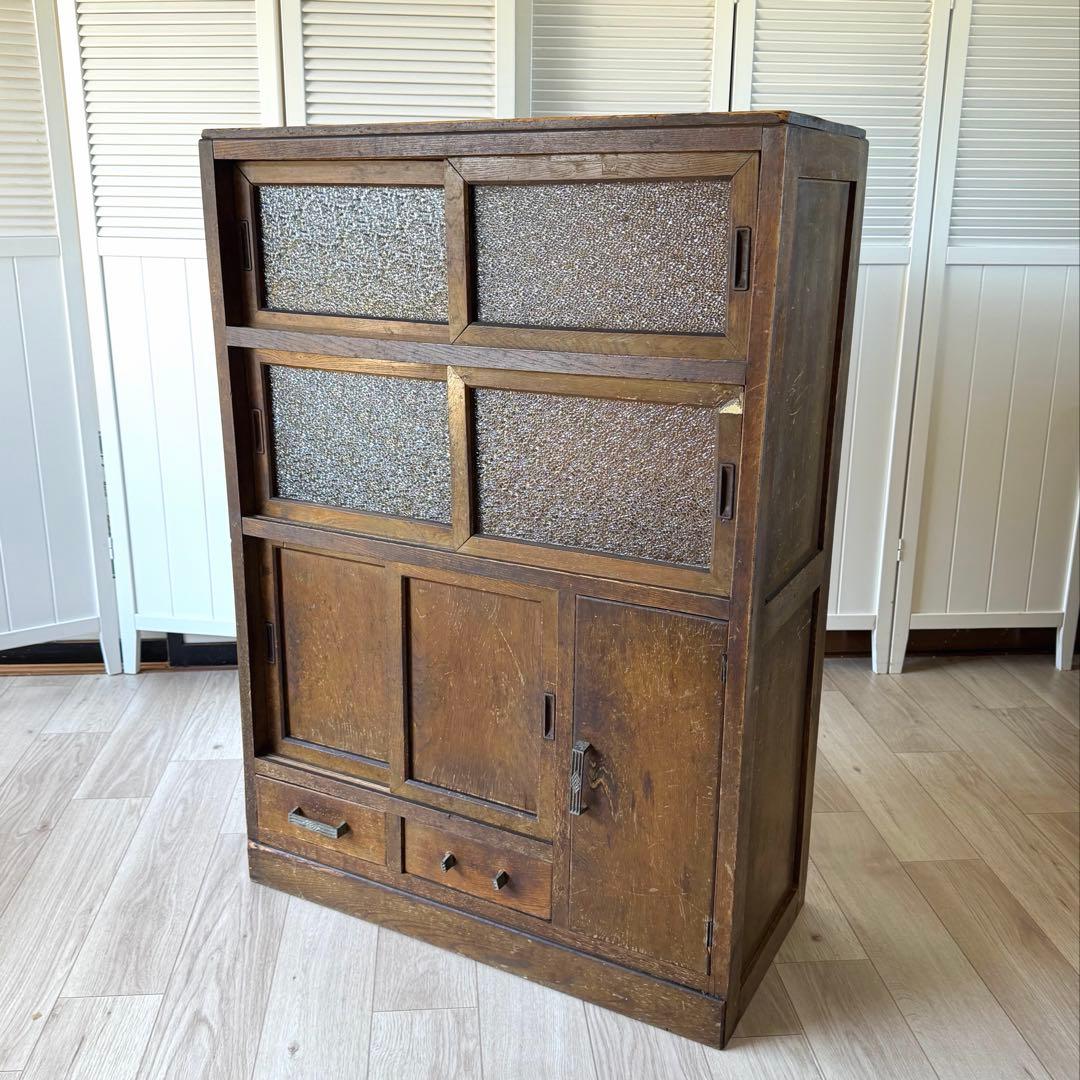 昭和レトロ 水屋箪笥 希少 ダイヤガラス 戸棚 キャビネット 古民具 希少サイズ 四尺 格子 ダイヤガラス入り 水屋箪笥 キャビネット 食器棚