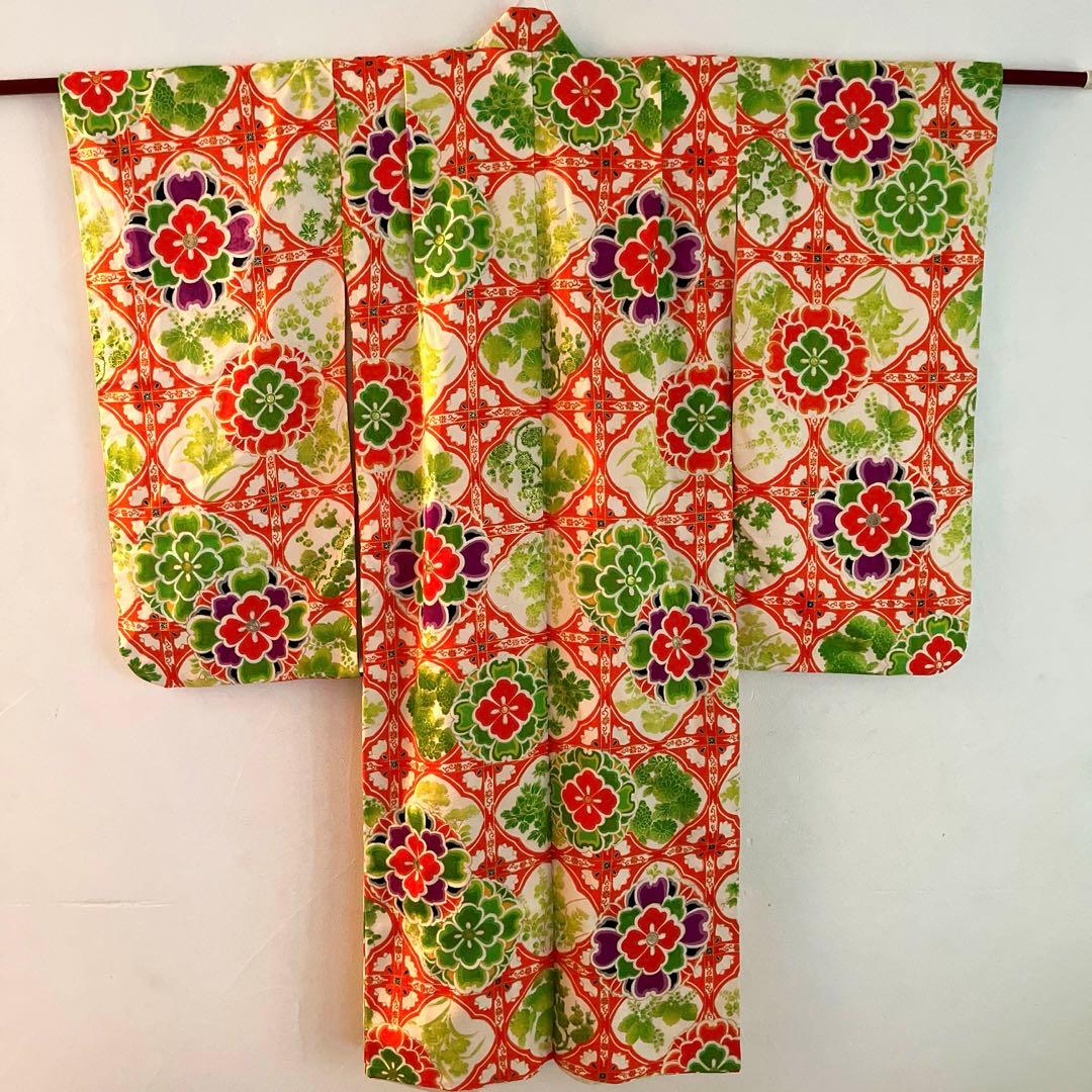 写真映え◎】豪華正絹 七五三 レトロ花柄着物 長襦袢セット