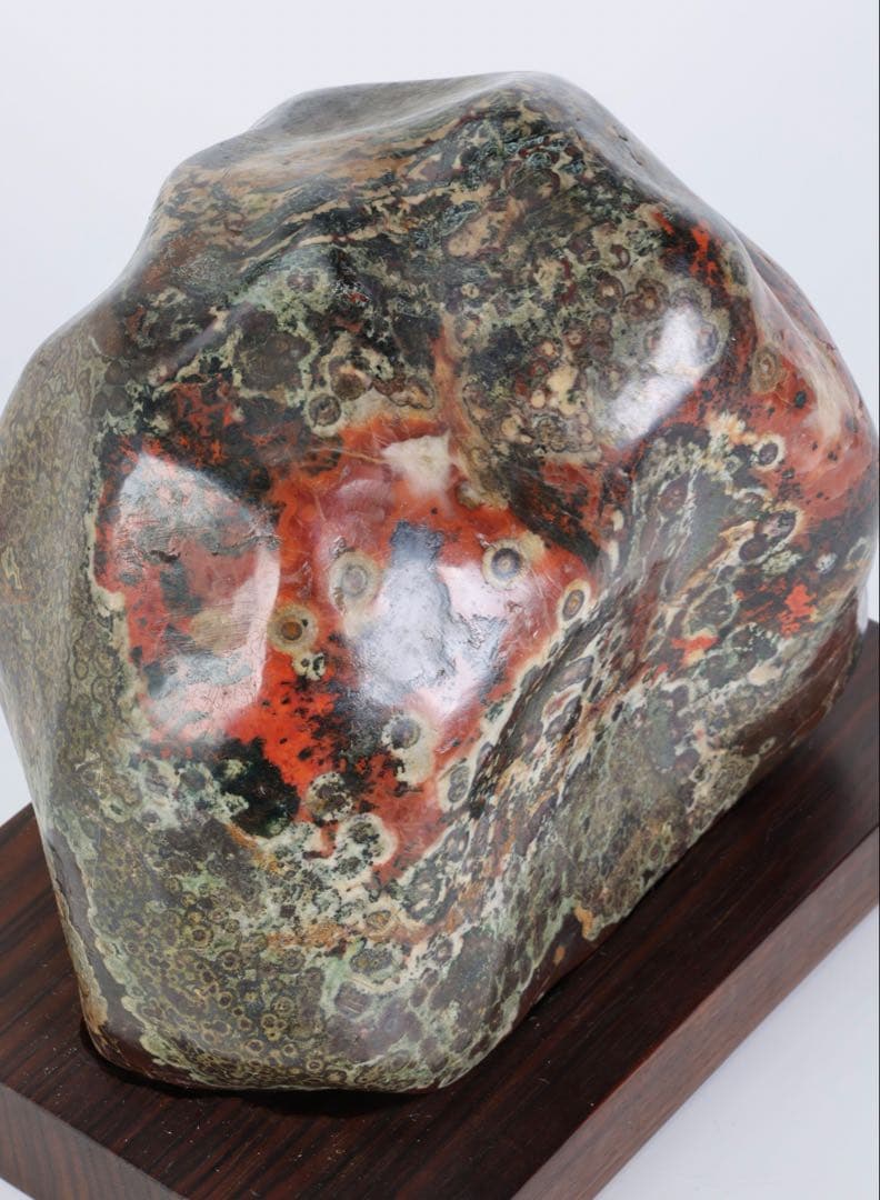 孔雀石 菊花石 梅花石 紋石 桜石 鑑賞石 原石 5.4kg 台座付 水石 盆石