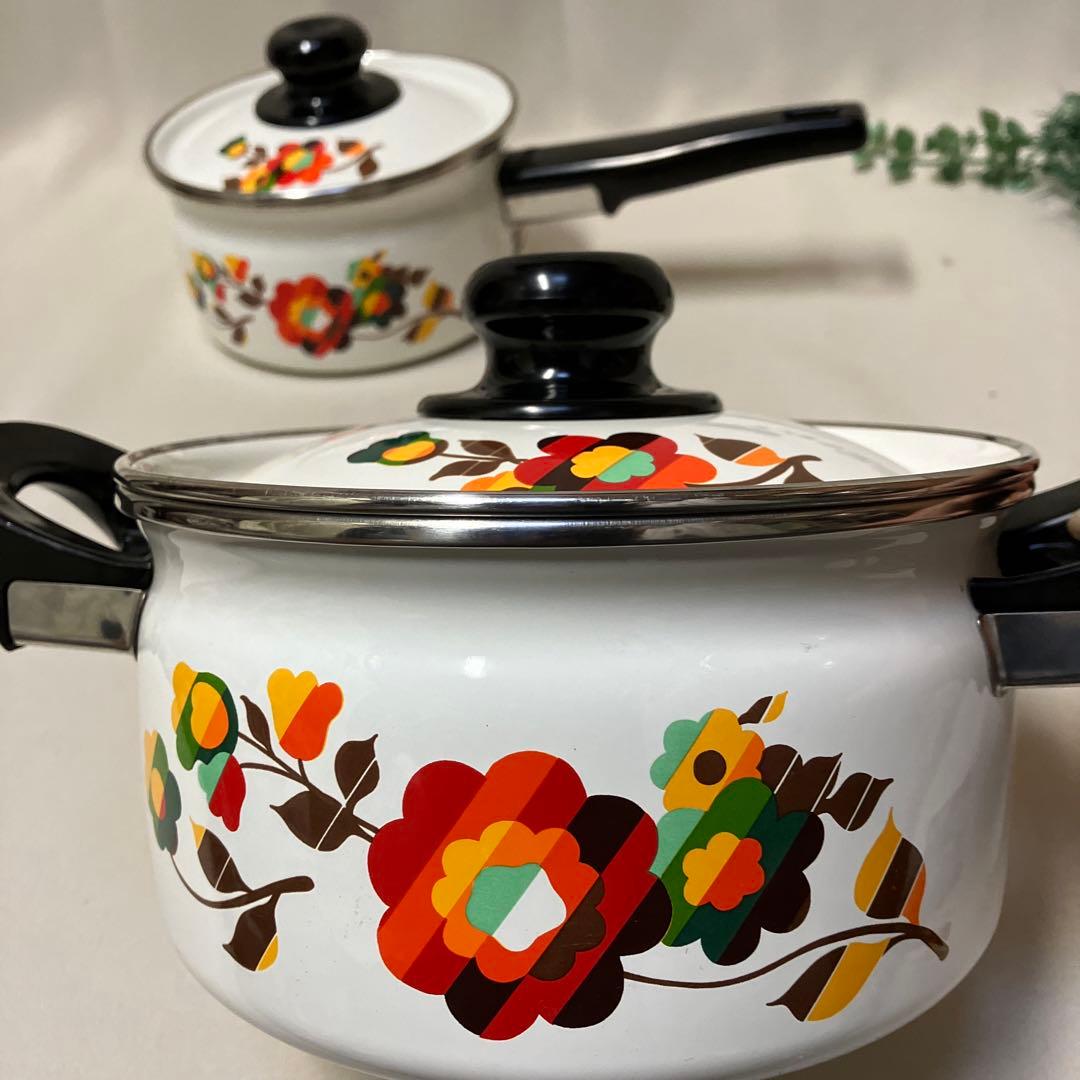 新品 象印 ホーロー鍋 両手鍋 片手鍋セット 昭和レトロ 花柄 IH パピー