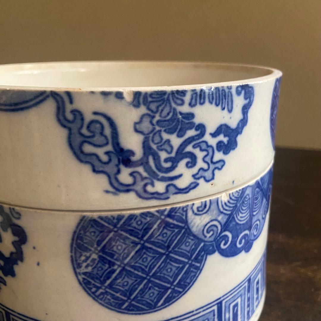 明治 印判陶器御重 4段重箱 丸型 骨董