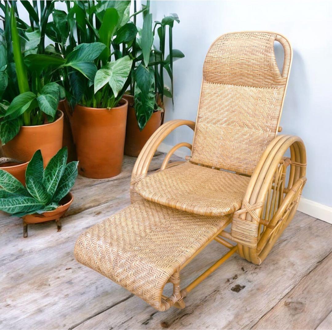 【送料無料】 ラタン リクライニングチェア テーブル マガジンラック オットマン 天然籐 ラタンチェア リクライニングチェア リラックスチェア ラウンジ