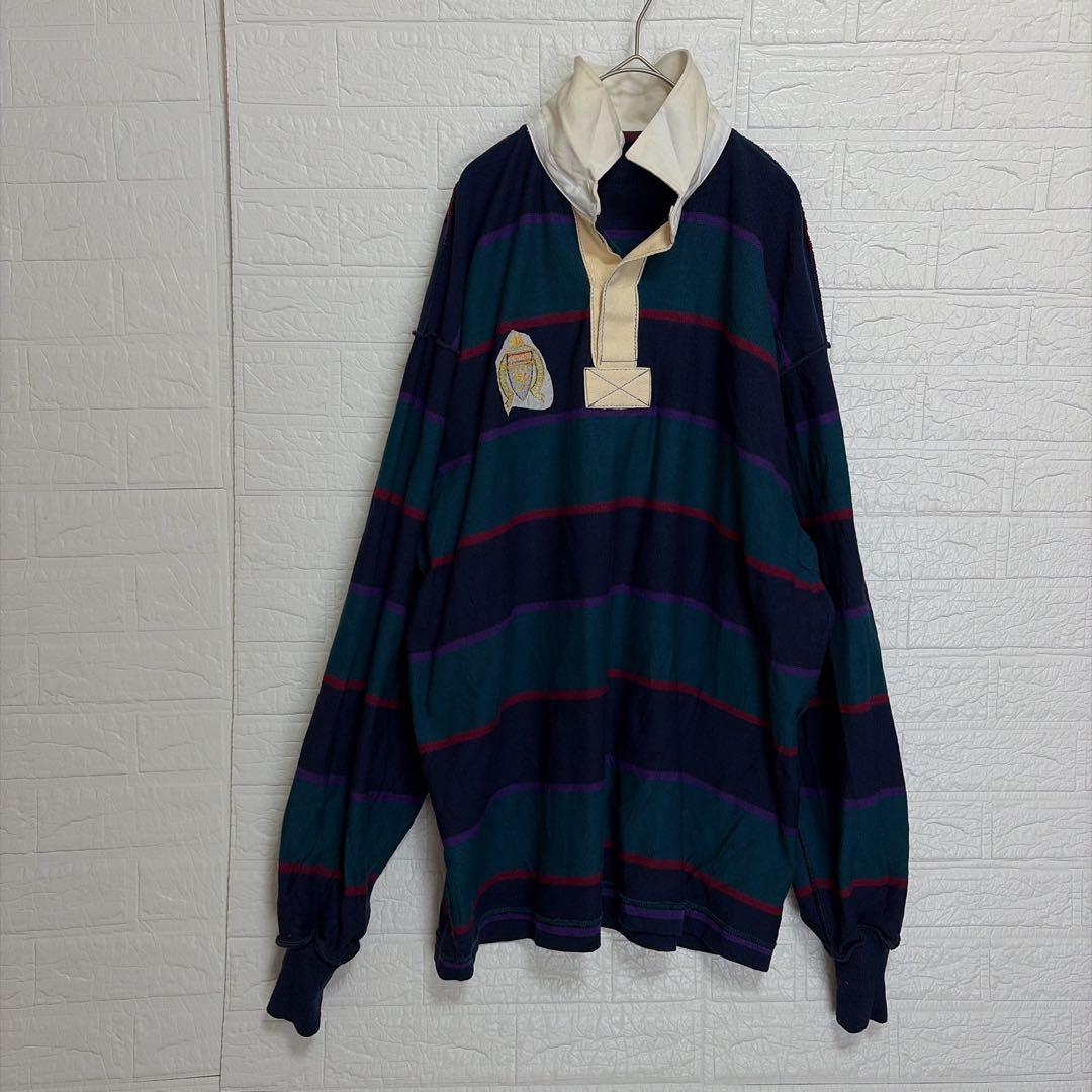 希少2XLT 90s BARBARIAN 厚手ラガーシャツ ボーダー 刺繍ロゴ - メルカリ