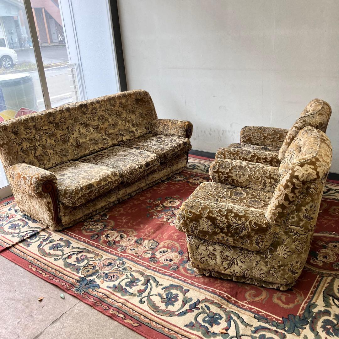 昭和レトロ 古家具 花柄ベロア 三人掛けソファー アームチェア
