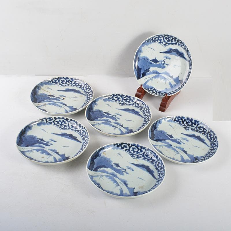 伊万里焼 古伊万里 大明成化年製銘 染付 蛸唐草山水文皿 6客 C R5196