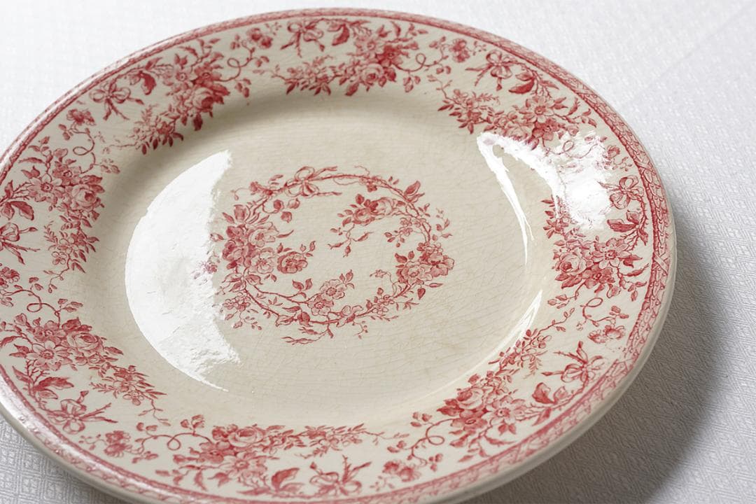 フランスアンティーク　ジアン　ローズ　 プレート　ピンクレッド　23.9cm
