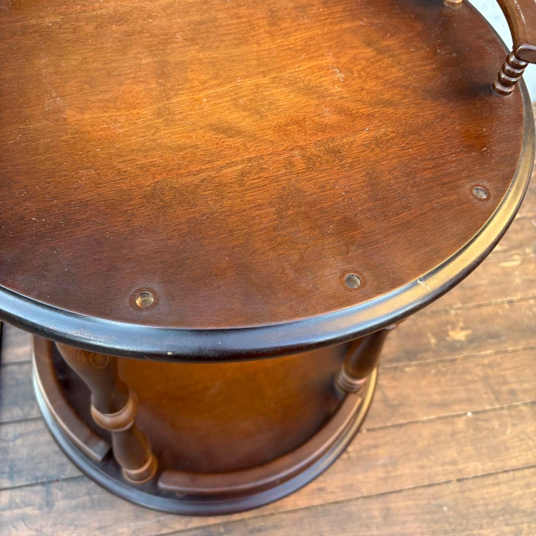 昭和レトロ 飛騨産業 キツツキマーク 木製ワゴン 2段 円形 サービング