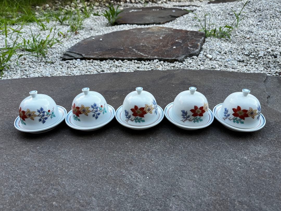 有田焼　鷹峯　蓋付きバター皿　バターケース　5枚セット　アンティーク イギリスから届いたアンティークガラスの食器、フタ付きのプレス