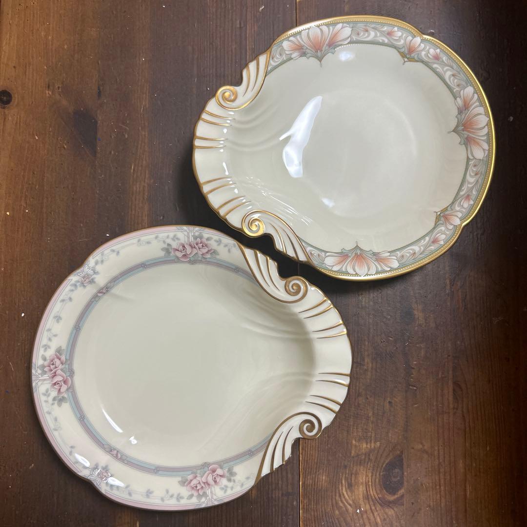 ノリタケ バリモア シェルディッシュ　金彩　花柄　2種 希少アールデコ花柄手描きセロリ皿 NORITAKE イエロー直径28.5 高さ4.5