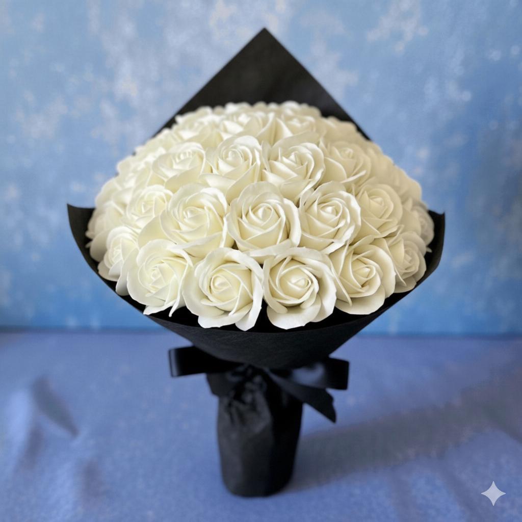 2.16記念日に 永遠に咲くサヴォンローズ モノトーン花束 Mサイズ 推し活に 待ち時間ゼロ👌✨ すぐお持ち帰り頂ける成人式花束‼︎💐 バッグ付き