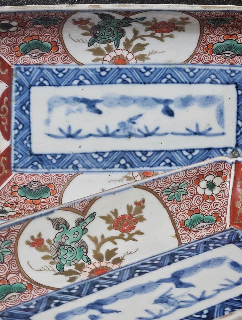 江戸時代末期 古伊万里 錦手 松竹梅に 獅子に菖蒲に鷺図 19.7cm 長皿2