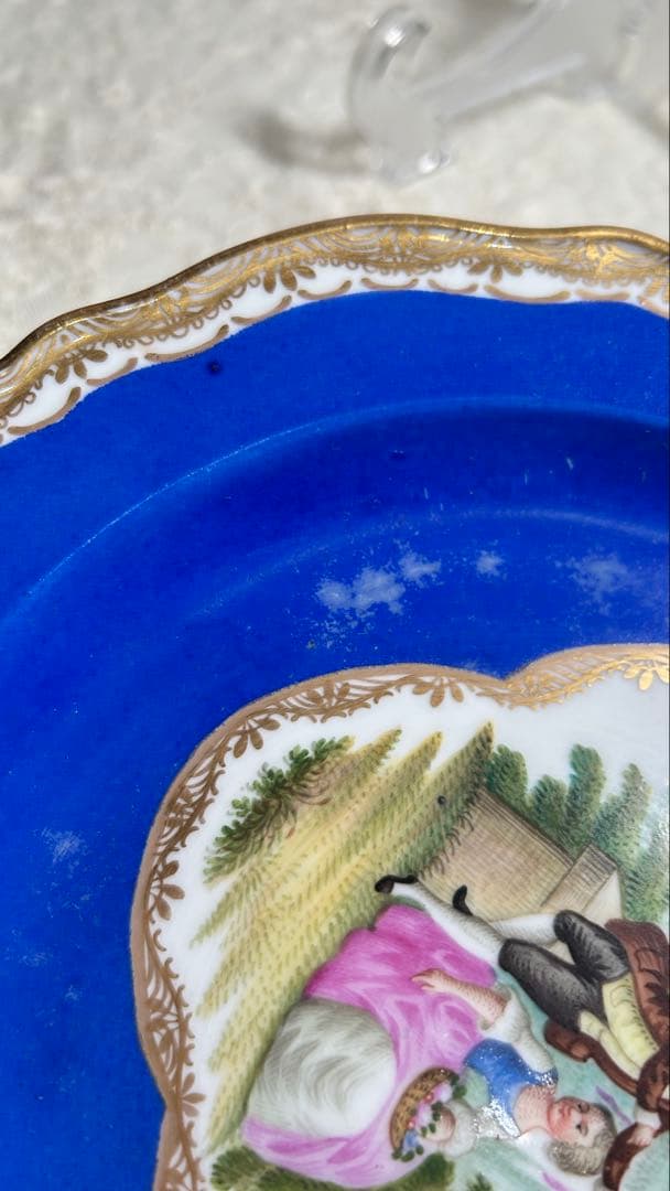 マイセン】コバルトブルー ワトー風 庭園男女図 プレート 20cm 金彩
