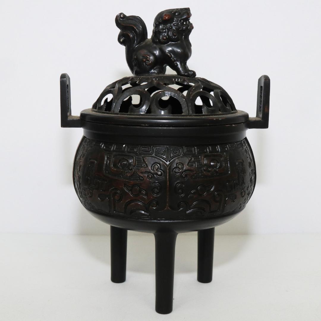 高岡銅器 瑞正 作 香炉 在銘 銅製 丸型地紋 獅子蓋 三足香炉 - メルカリ