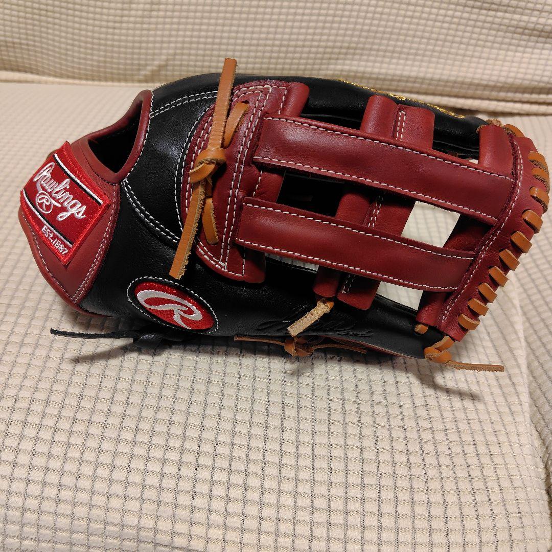 Rawlings 硬式野球グローブ 黒/赤 全紐交換済み】 ローリングス 軟式グローブ / 内野手用 型付け済み