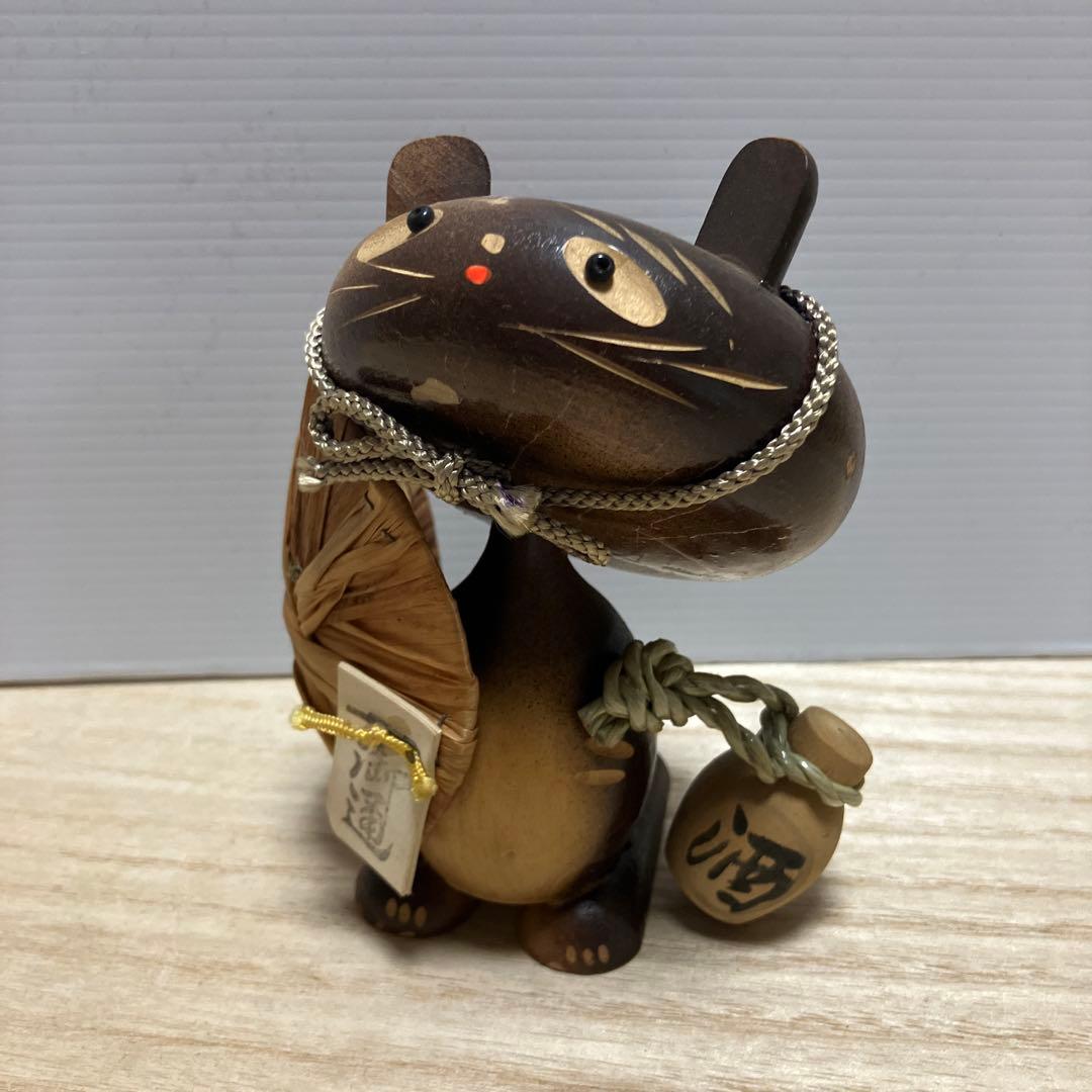 2F 福たぬき 置物 木彫り 縁起物 笠 徳利 酒 信楽焼風 昭和レトロ 民芸