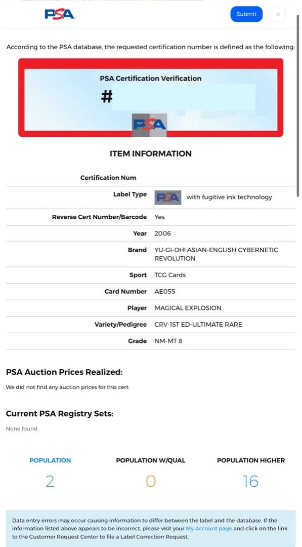 PSA8】アジア マジカルエクスプロージョン レリーフ CRV AE 遊戯王